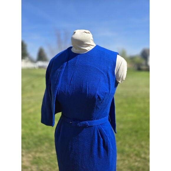 VTG 1960s Royal Blue Knit 3pc Wiggle Dress Jacket Belt Madmen Pinup Tailored - Picture 4 of 8
